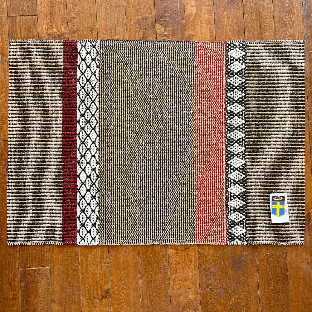 Patterned Swedish rug with geometric design on a wooden floor