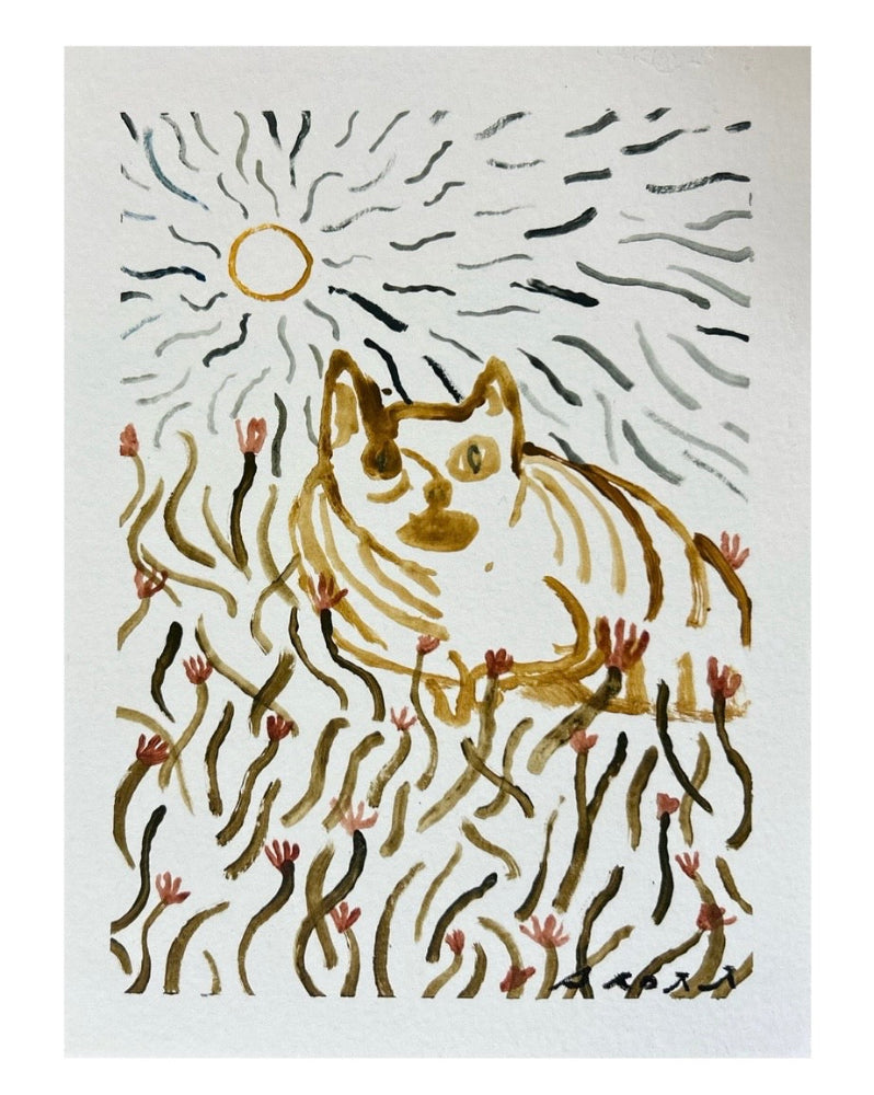 A whimsical art print featuring a stylized cat sitting in a field of grass under a sun, rendered in brown, gold, and pink tones on a white background.