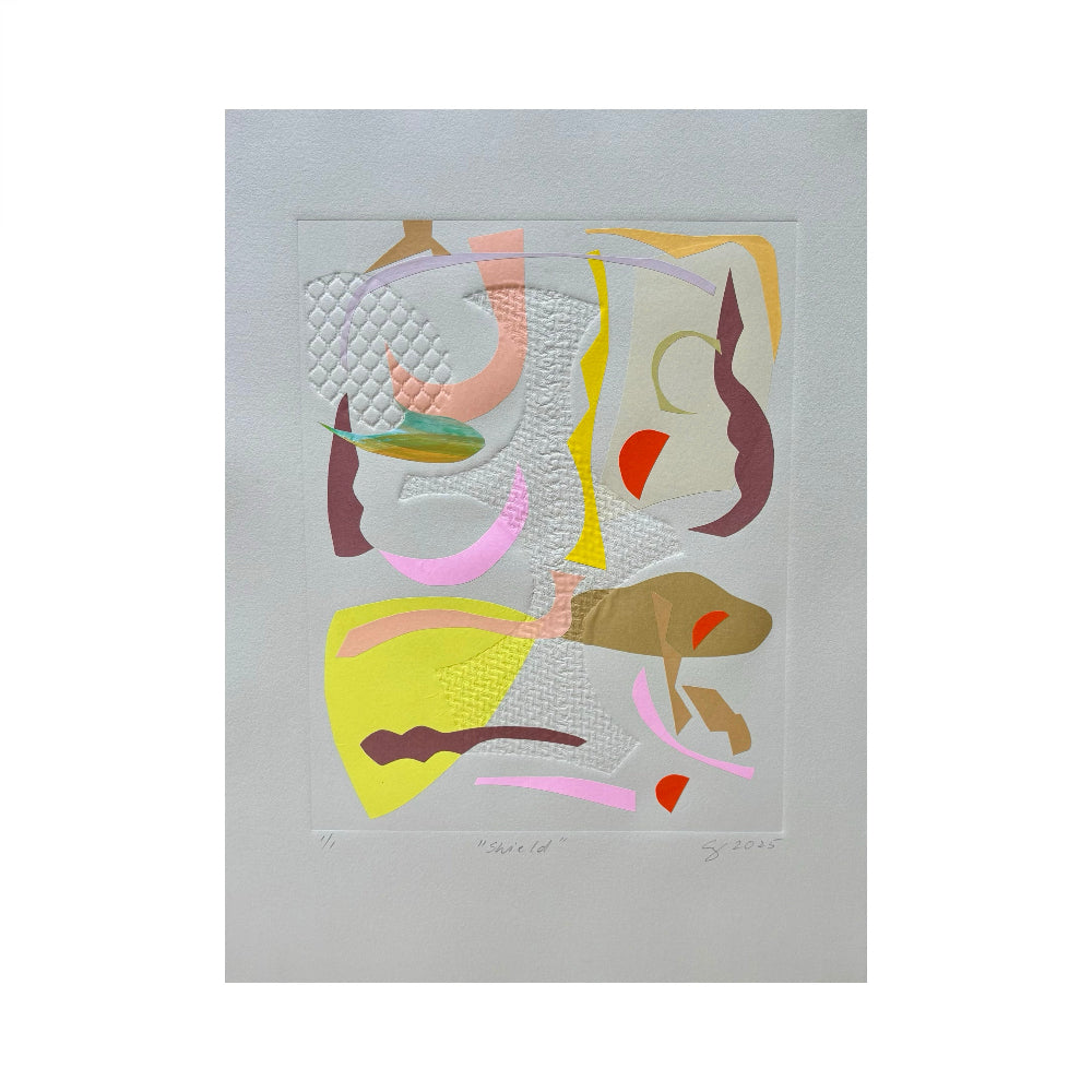 Abstract printmaking artwork with colorful shapes on a light gray background
