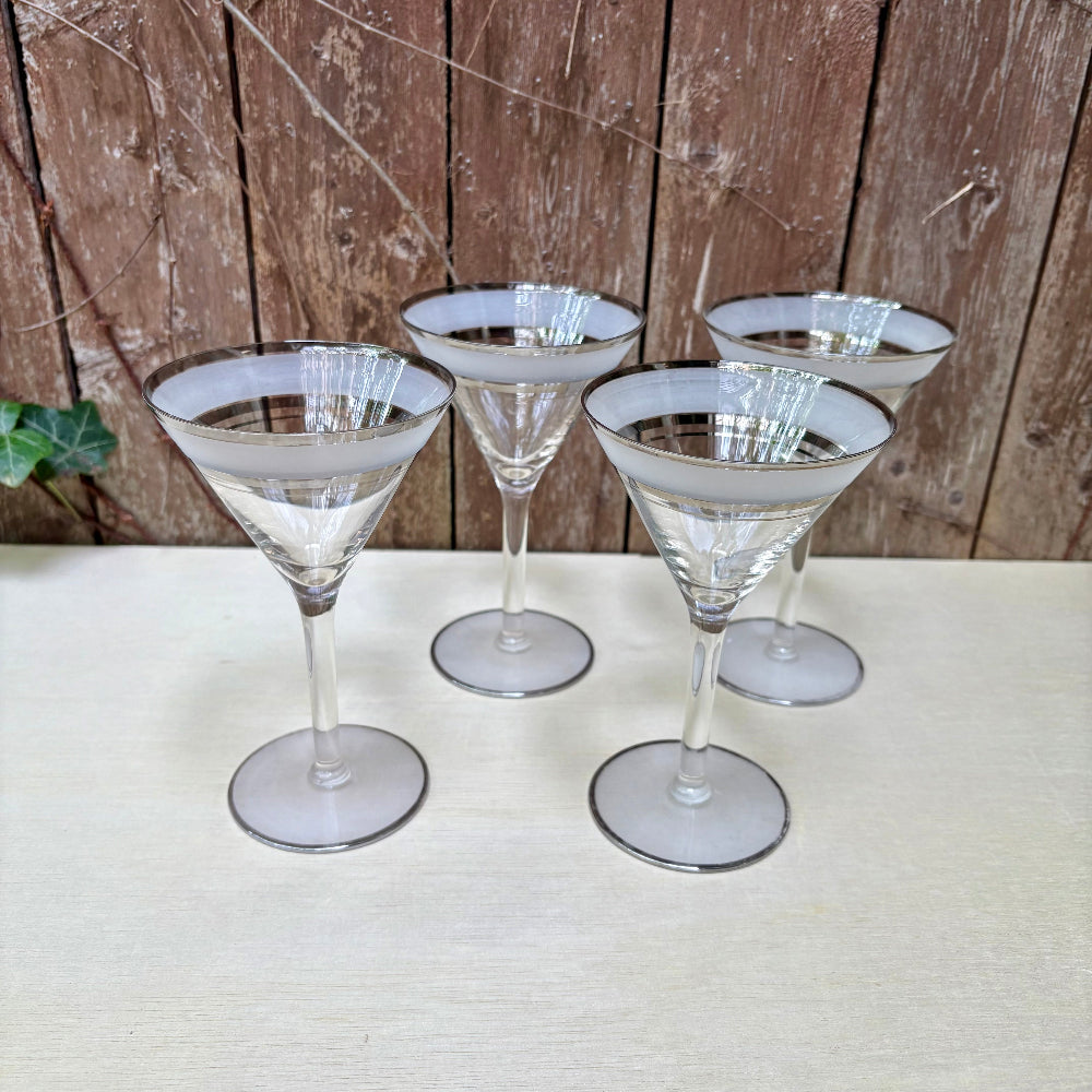 Vintage | Frosted Silver Band Martini Glasses