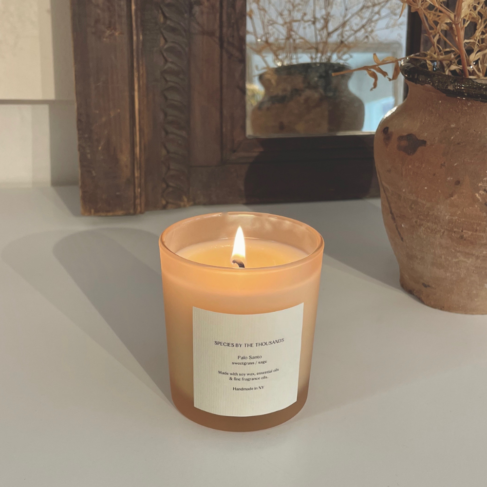 Candle with a label on a surface, surrounded by decorative items.
