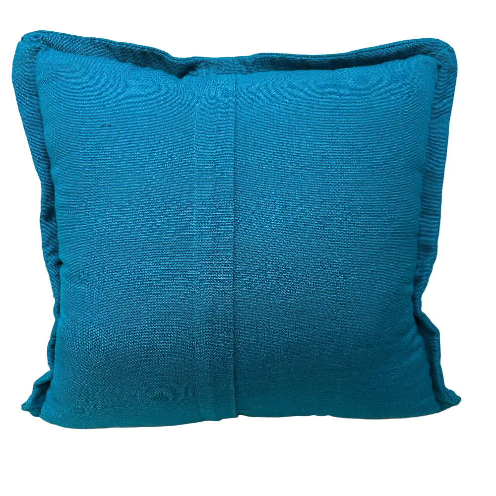 A square teal blue throw pillow with a textured linen-like fabric and a central zipper seam