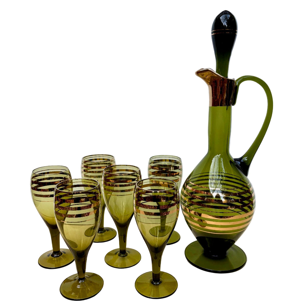 Vintage | Green and Gold Glassware Set