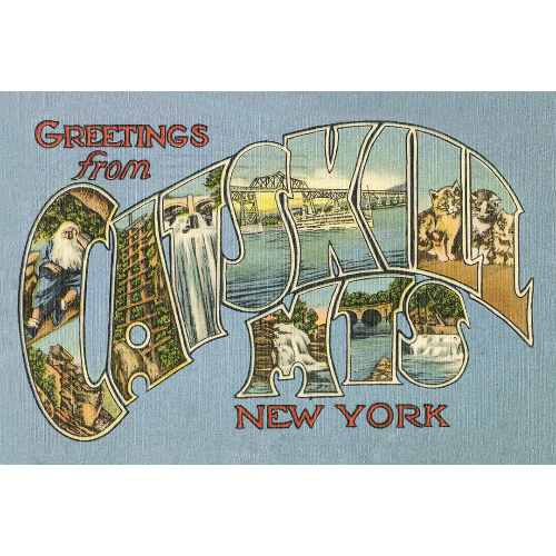 A vintage-style postcard with large letters forming 'GREETINGS FROM CATSKILLS NEW YORK', featuring scenic views of the Catskill Mountains within the lettering.