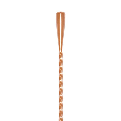 Zoom in of a copper-plated teardrop bar spoon handle with a smooth coil design.