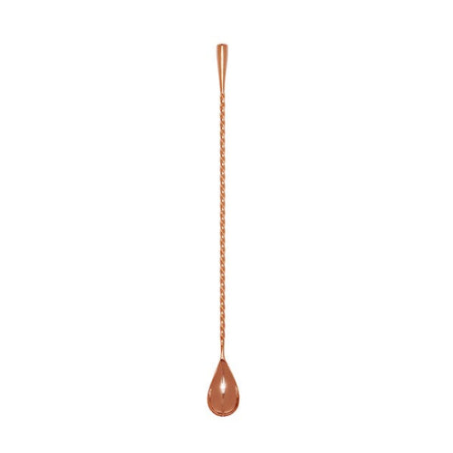 A copper-plated teardrop bar spoon with a smooth coil design.